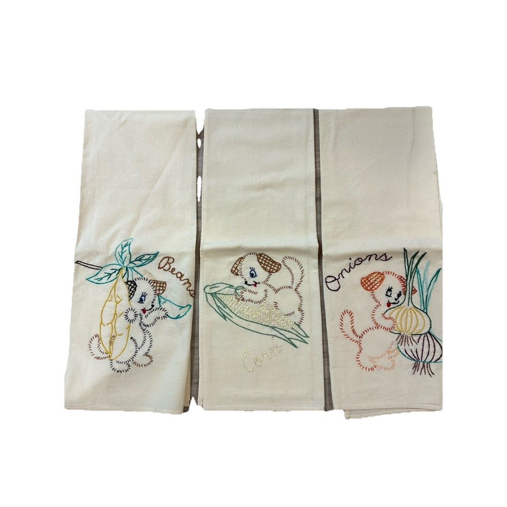 Lot of 3 Vintage Linen Kitchen Hand Towels HAND EMBROIDERED Dogs Vegetables
